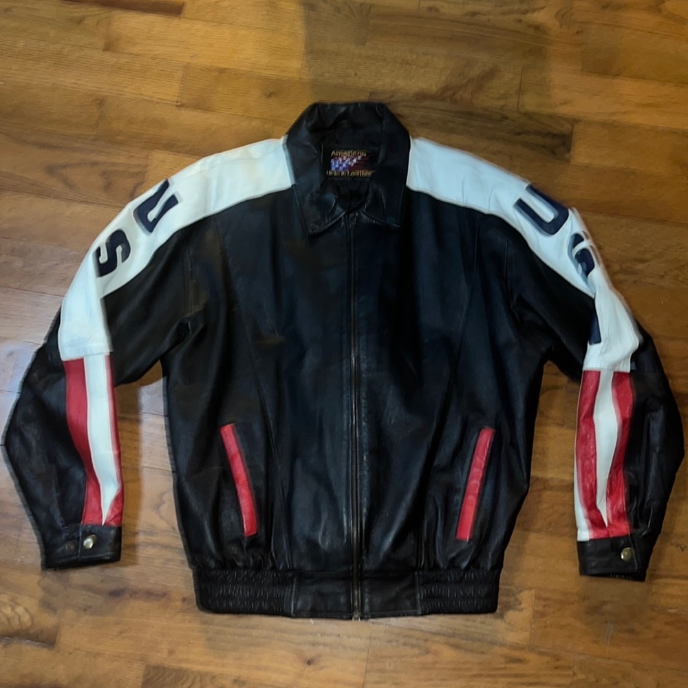 Vintage American Hide and Leather Biker bomber USA Jacket American Flag sz M